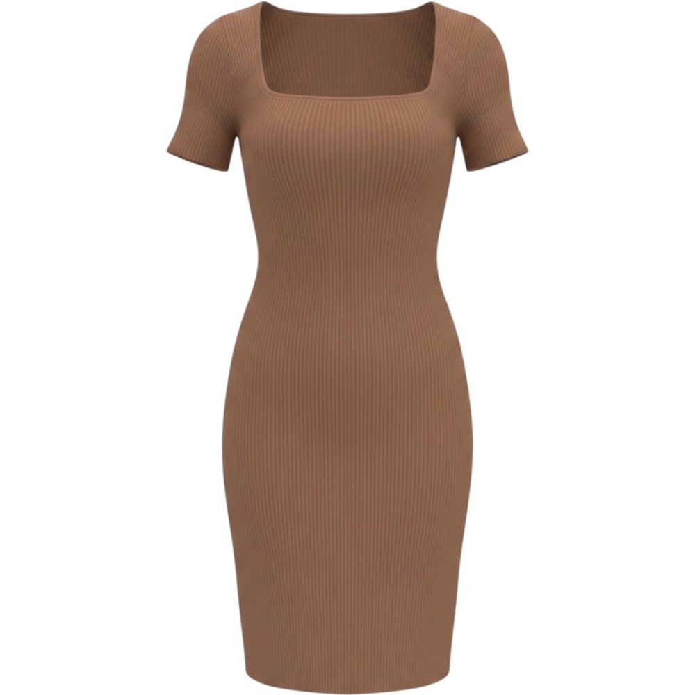 OQQ Ribbed Bodycon Mini Dress Womens Medium Brown Excellent Square Neck Stretch